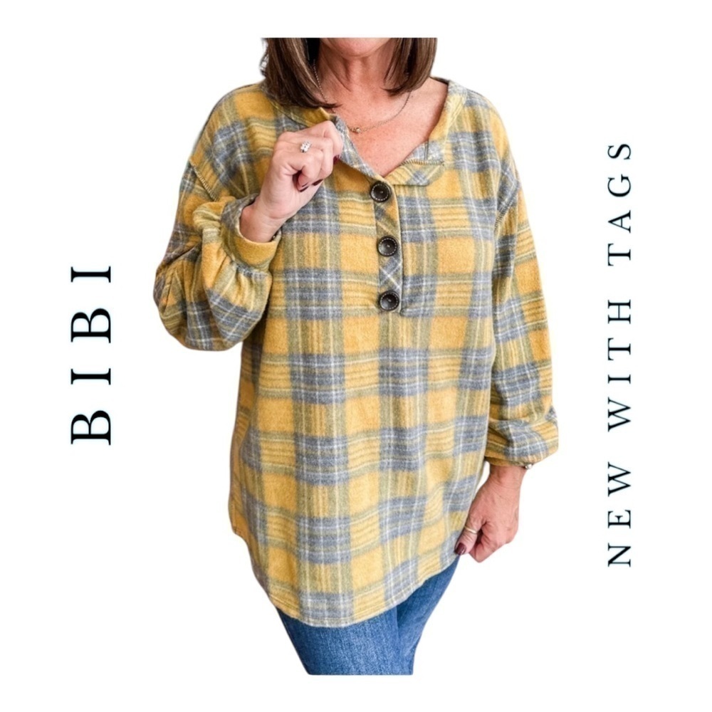 1301. BIBI LONG SLEEVE FLEECE MATERIAL TOP MUSTARD COLOR PLAID PATTERN SIZE XL